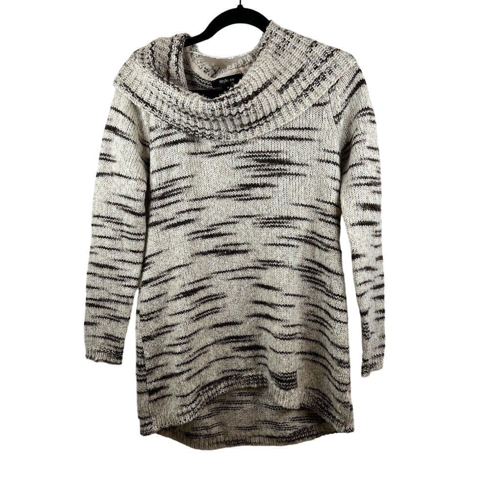 Style & Co Women's Cowl-Neck Sweater Beige with Brown Stripes Size Medium